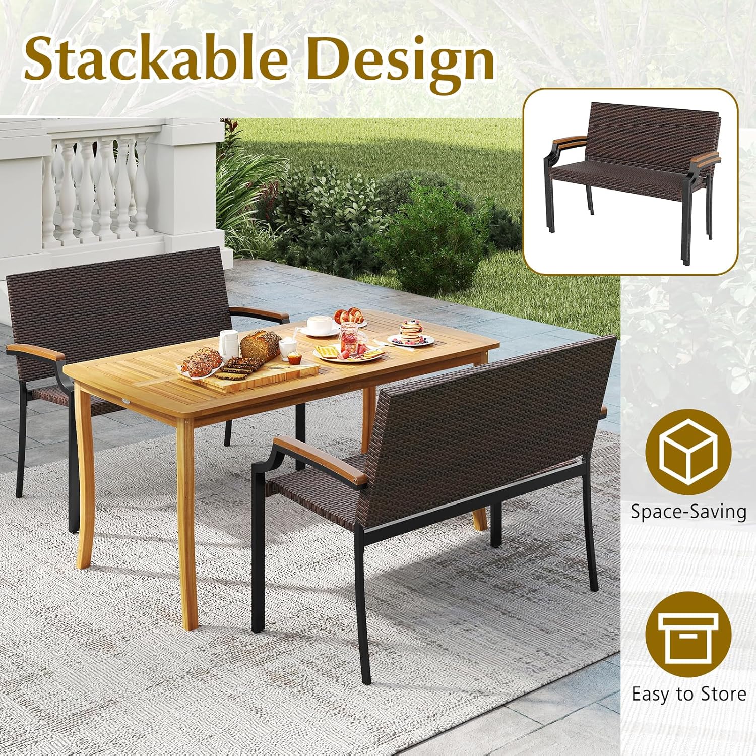 Tangkula Stackable Patio Wicker Loveseat Bench, 2-Person Rattan Outdoor Bench with Acacia Wood Armrests & Metal Frame, Rattan Conversation Furniture for Backyard, Garden, Balcony, Porch (1,Mix Brown)