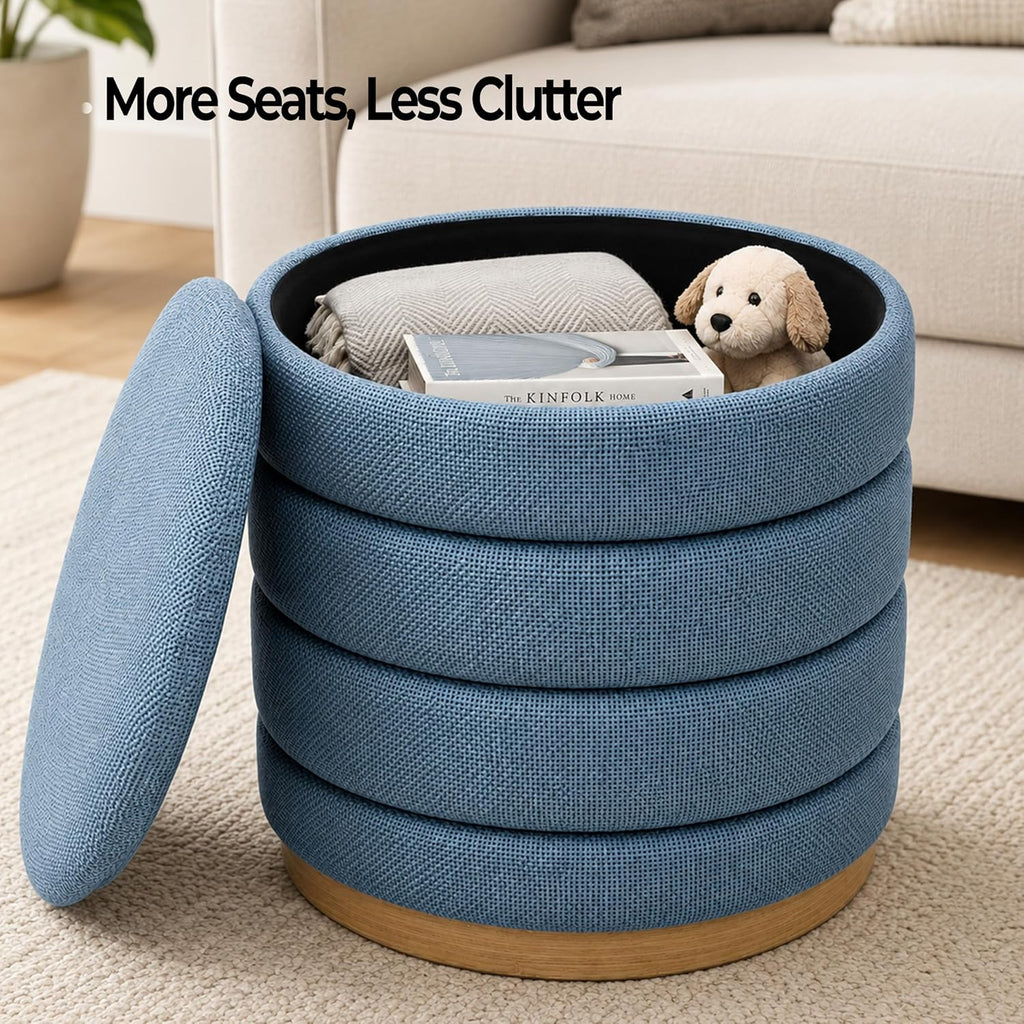 Ottoman Collection Stylish Linen Cylinder Storage Light Blue Round Footrest Vanity Stool Furniture Living Room Small Bench 16" L X16 W X 17" H