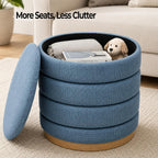 Ottoman Collection Stylish Linen Cylinder Storage Light Blue Round Footrest Vanity Stool Furniture Living Room Small Bench 16" L X16 W X 17" H