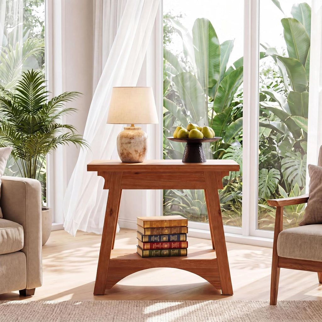 End Table for Living Room, Solid Wood Side Table with Storage, Farmhouse Narrow Nightstand for Bedroom, Small Spaces, Rustic Brown