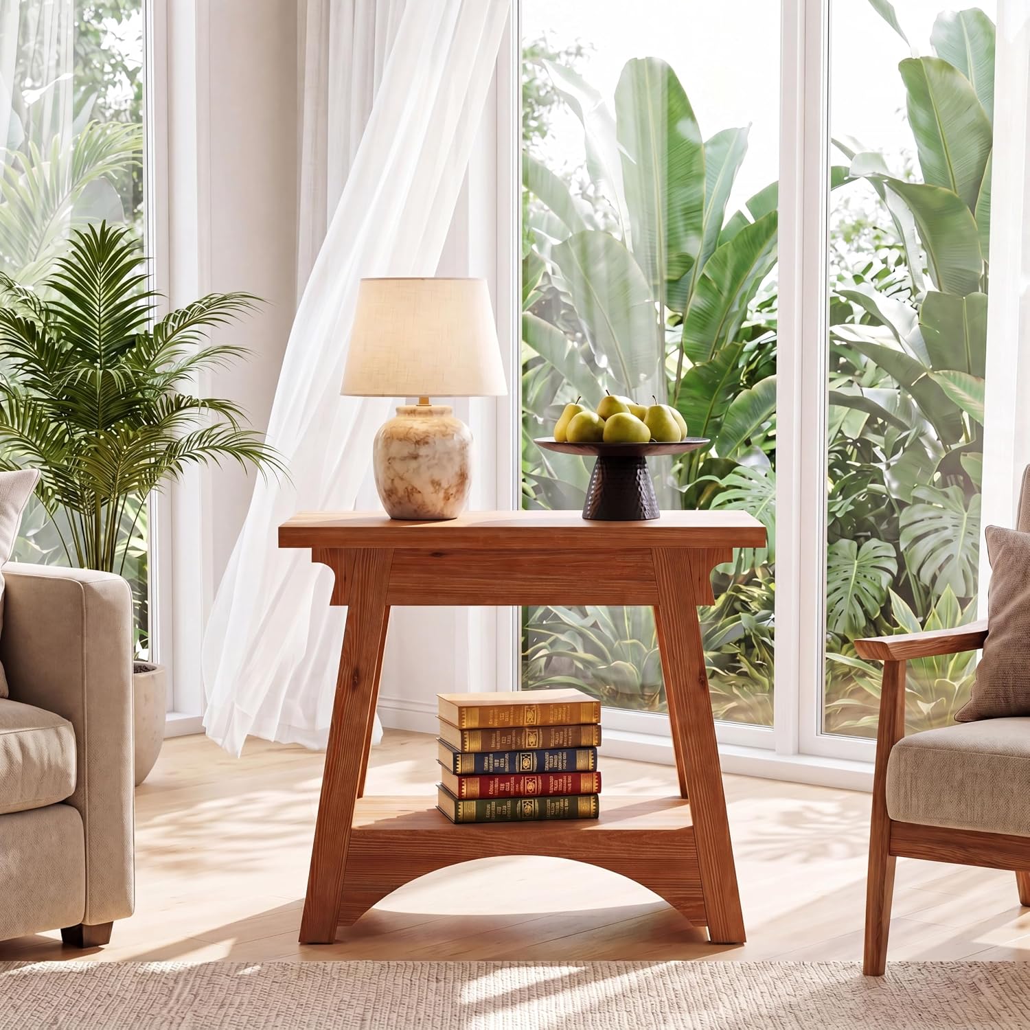 End Table for Living Room, Solid Wood Side Table with Storage, Farmhouse Narrow Nightstand for Bedroom, Small Spaces, Rustic Brown