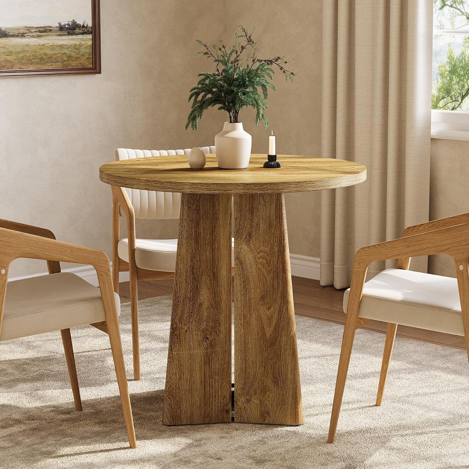 LITTLE TREE 31.50-Inch Round Dining Table for 2, Farmhouse Circle Kitchen Table, Dining Room Table with Wooden Pedestal Base, for Dining Room, Kitchen (Light Walnut)