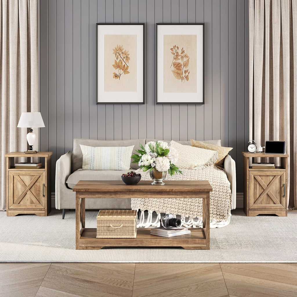 LUXOAK 3-Piece Farmhouse Living Room Table Sets, Includes 1 x Coffee Table, 2 x End Tables with Charging Station & USB Ports, Rustic Coffee Table Set of 3, Barnwood