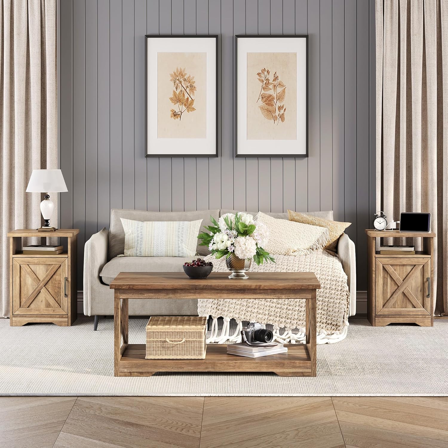 LUXOAK 3-Piece Farmhouse Living Room Table Sets, Includes 1 x Coffee Table, 2 x End Tables with Charging Station & USB Ports, Rustic Coffee Table Set of 3, Barnwood