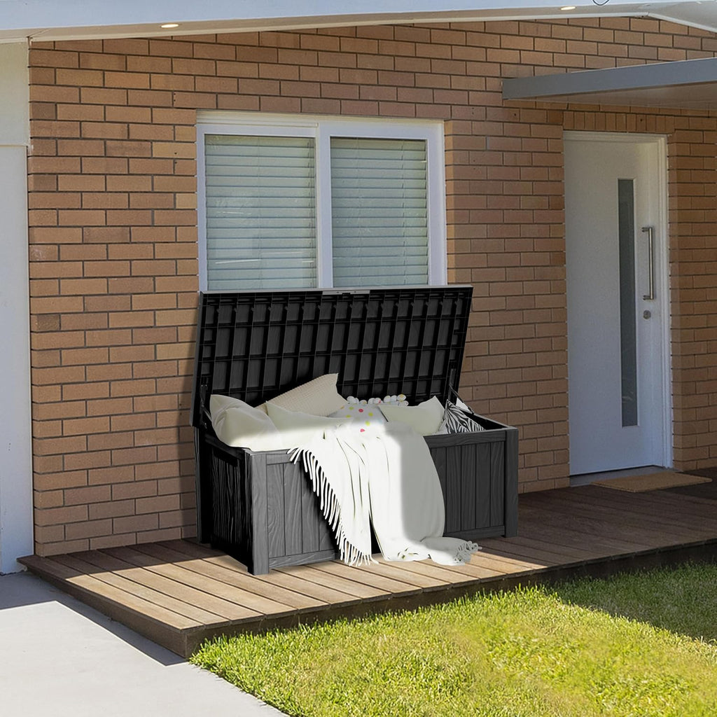 150 Gallon Deck Box Organizer, Doubles as 2-Person Bench Seat, Black Large Resin Outdoor Storage and Seating with Lockable Lid for Garden, Pool, and Patio