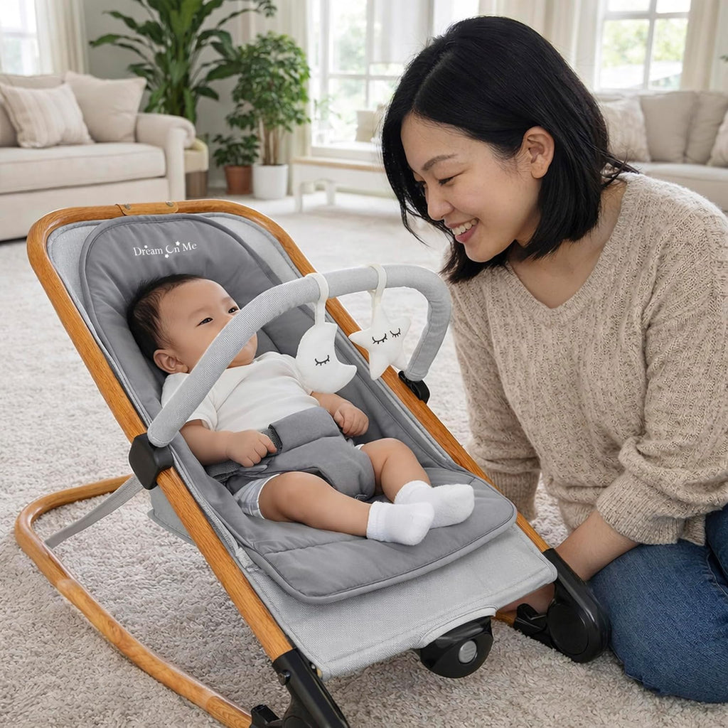 Dream On Me Rock On Me 2-in-1 Baby Rocker and Stationary Seat, Adjustable Recline, Gentle Music & Vibration, 3-Point Safety Harness, Detachable Toy Bar, Folds Compact for Travel – Grey