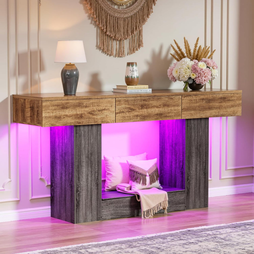 PAKASEPT 63 Inches Entryway Table with Storage,Foyer Tables Colorful with LED Lights and 3 Drawers, Narrow Console Table with Hidden Compartment for Gun Storage for Hallway, Living Room,Behind Couch
