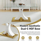 7 Pieces Modern Luxury Glass Dining Set, Large Minimalist Rectangle Dinner Set for 6, 63'' Clear Glass Top Kitchen Table Set with White & Gold Base, Black Dining Chairs, for Apartment