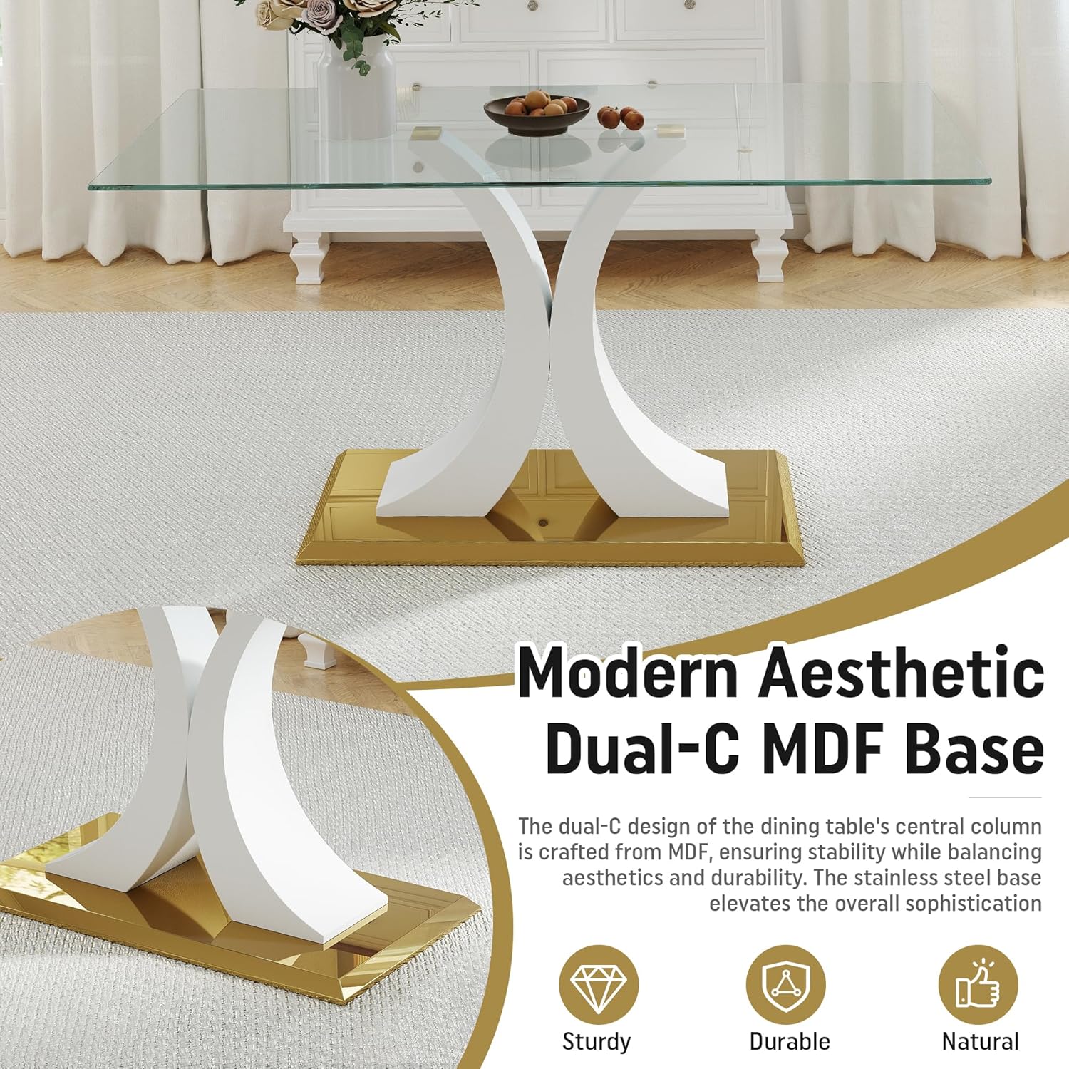 7 Pieces Modern Luxury Glass Dining Set, Large Minimalist Rectangle Dinner Set for 6, 63'' Clear Glass Top Kitchen Table Set with White & Gold Base, Black Dining Chairs, for Apartment