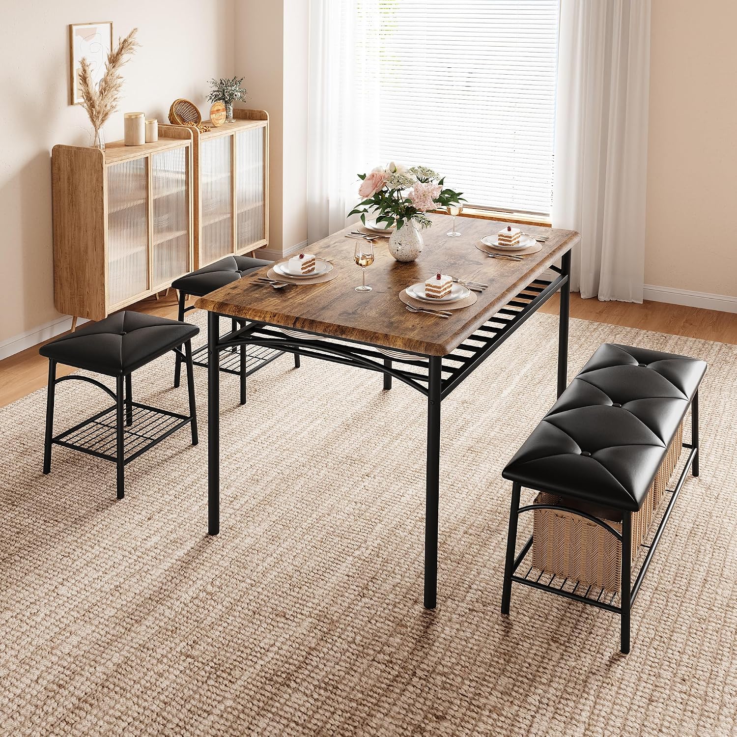 Dining Table Set for 4, Kitchen Table Set with 2 Chairs and 1 Bench, Modern Metal Frame Dining Furniture Set with Storage Rack for Small Space, Apartment, Restaurant