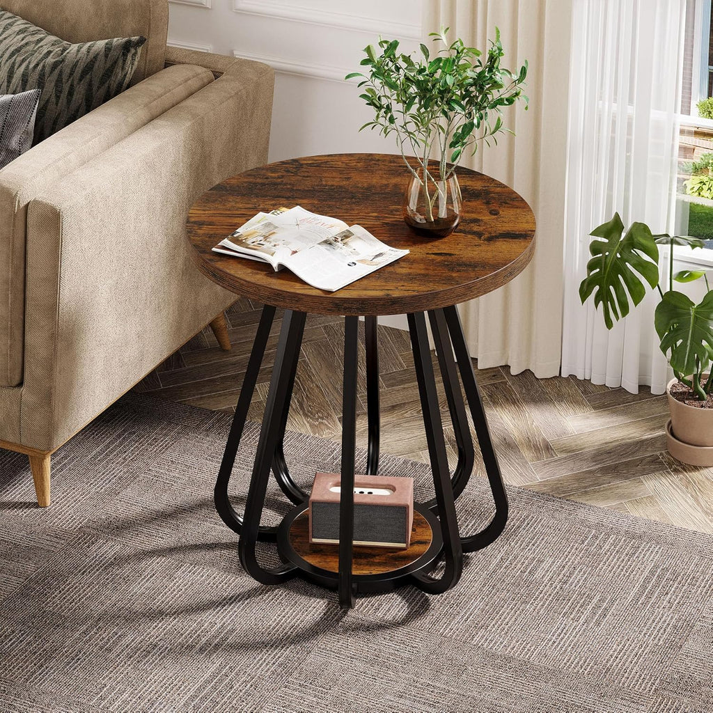 Tribesigns Small Round Side Table, 2-Tier Sofa End Table with Metal Frame and Lower Shelf, Wooden Bedside Nightstand for Small Spaces, Living Room, Bedroom, Vintage Brown & Black