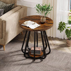 Tribesigns Small Round Side Table, 2-Tier Sofa End Table with Metal Frame and Lower Shelf, Wooden Bedside Nightstand for Small Spaces, Living Room, Bedroom, Vintage Brown & Black