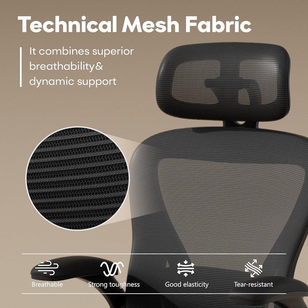SeekFancy Ergonomic Office Chair M903, Computer Desk Chair | High Back Mesh Office Chair with Adjustable Lumbar Support, Headrest, Flip-Up Armrests, Wheels, 330LBS Capacity, Black