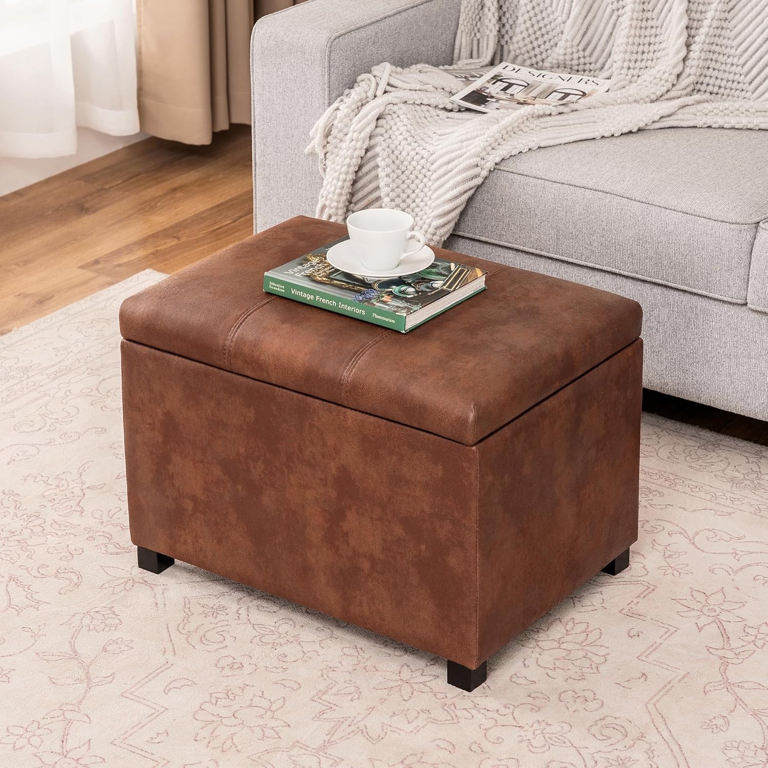 Joveco 24" Leather Storage Ottoman Bench, Rectangle Foot Rest Stool for Living Room, Bedroom, Entryway, Coffee
