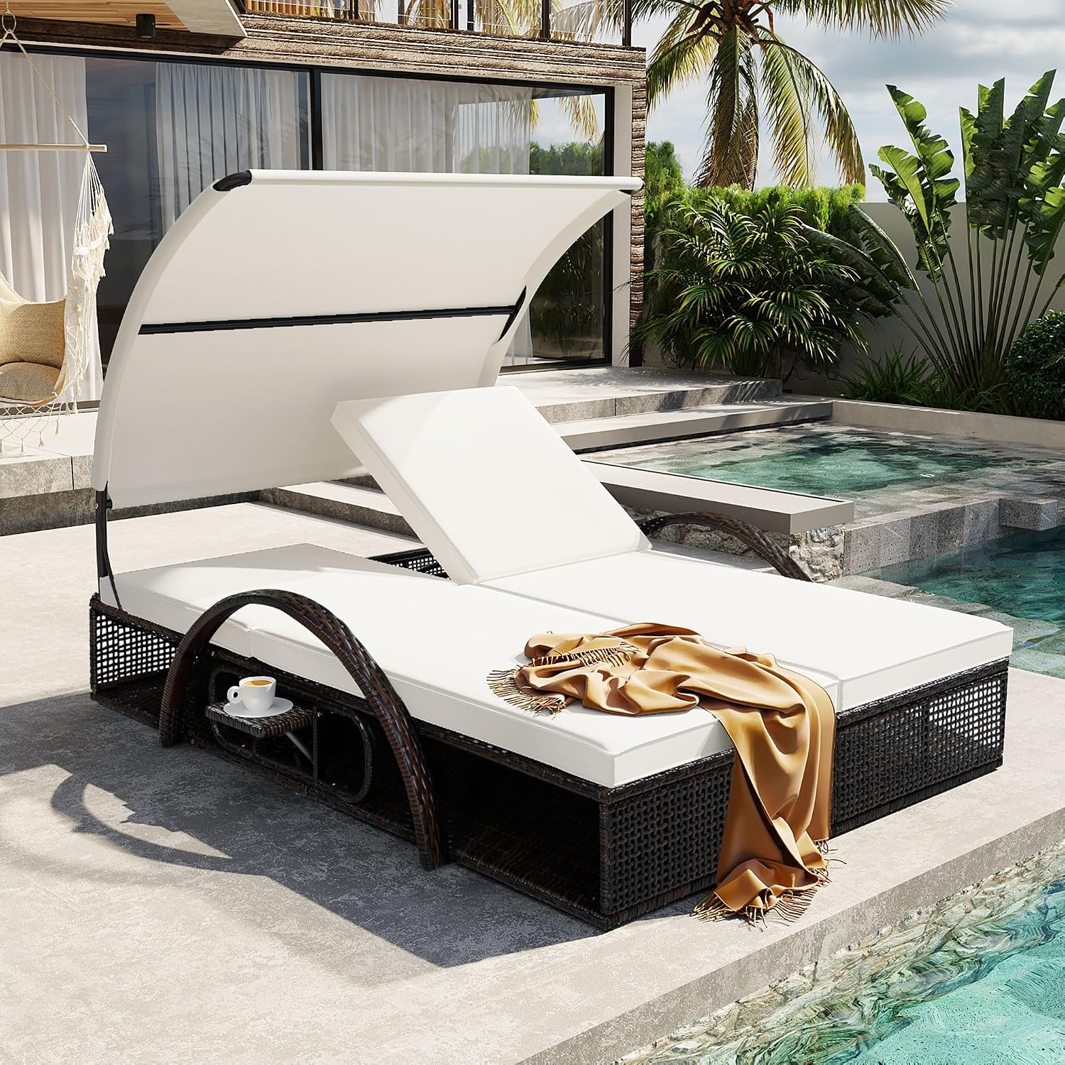 Mirightone 2-Person Outdoor Chaise Lounge Daybed with Canopy, Steel Frame Patio Sunbed with Adjustable Backrest, Hidden Side Table and Arched Armrests, for Poolside, Deck, Garden, Beige