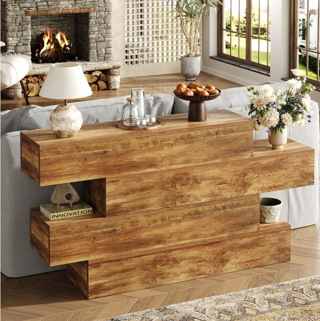 knoworld 63 Inch Farmhouse Console Table with 4 Tier Storage, Rustic Wooden Sofa Table Behind Couch, Unique Staggered Entryway Table for Living Room, Long Hallway Foyer Table, Walnut