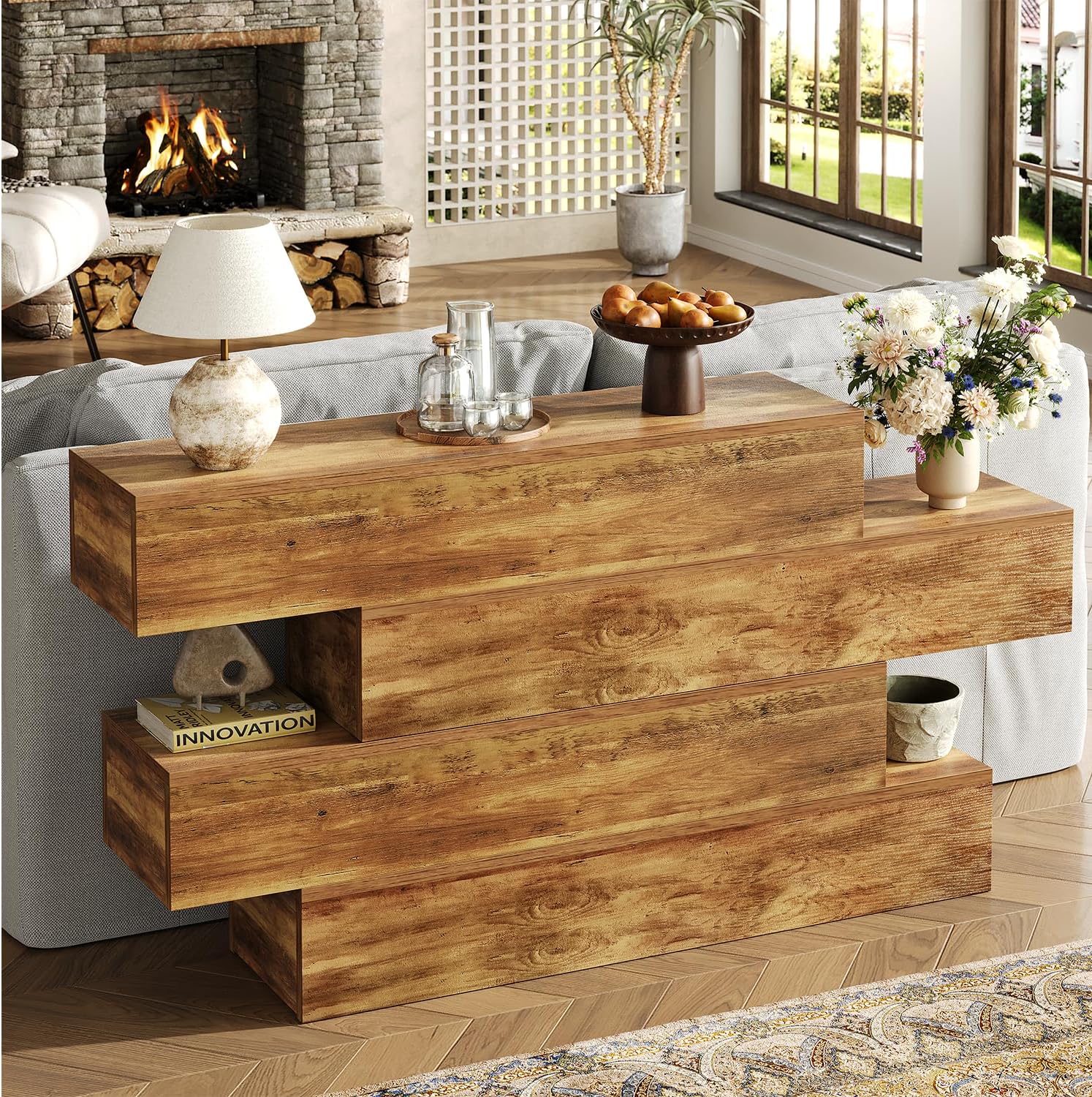 knoworld 63 Inch Farmhouse Console Table with 4 Tier Storage, Rustic Wooden Sofa Table Behind Couch, Unique Staggered Entryway Table for Living Room, Long Hallway Foyer Table, Walnut