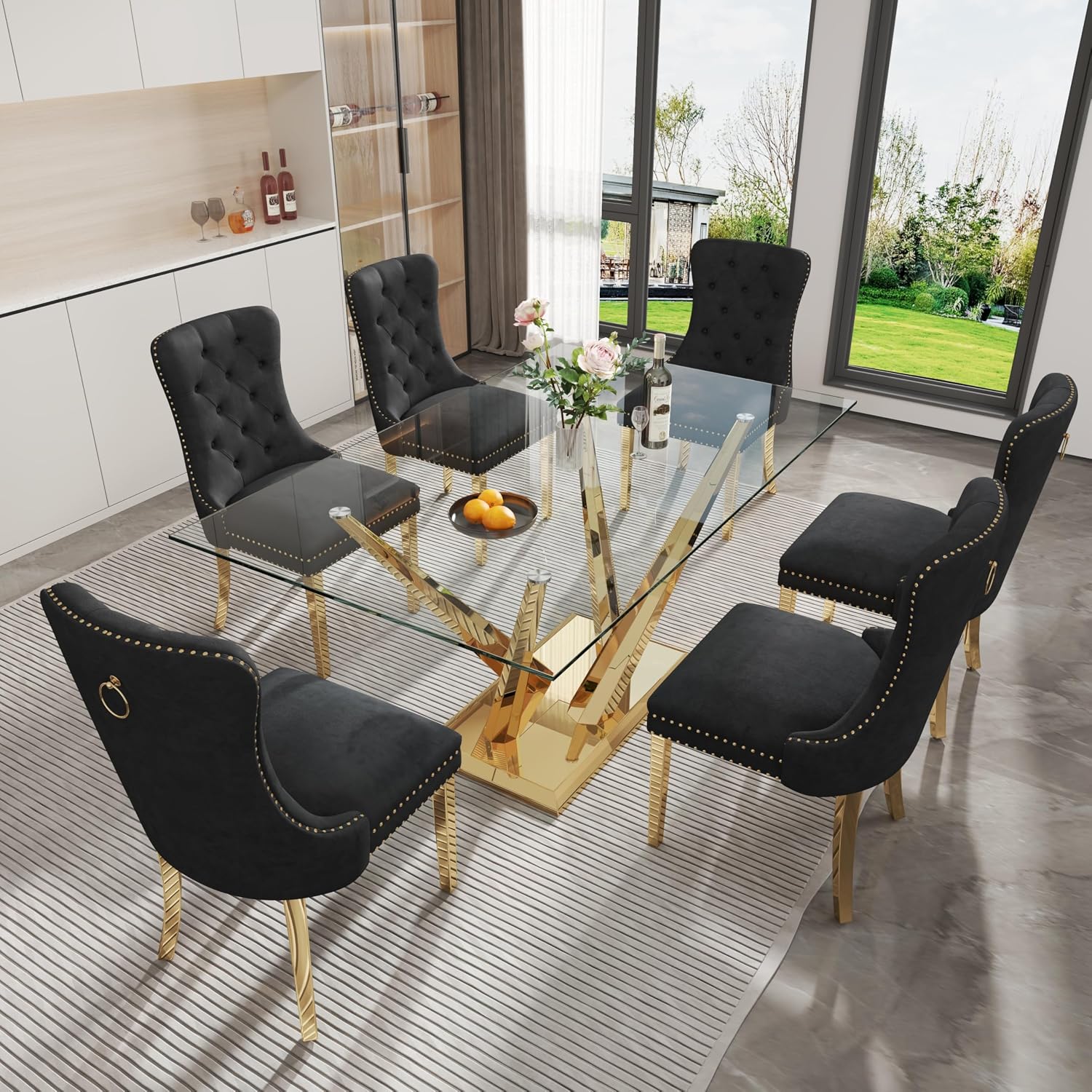 Rectangle Glass Dining Table for 4-6, 62" with Tempered Glass Table Top and Crossed Stainless Steel Base, Modern Kitchen Table for Home, Kitchen, Dining Room, Gold