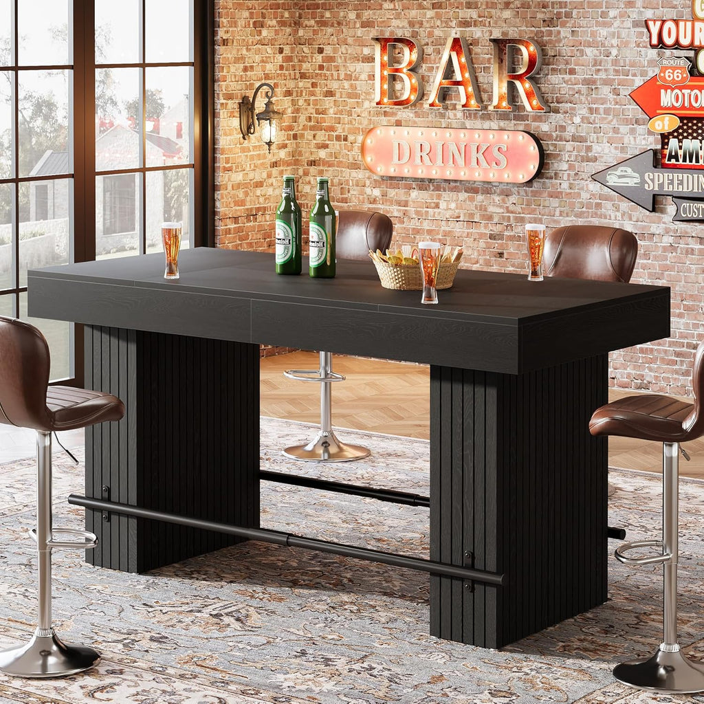 Tribesigns 62.2 Inch Bar Table, Industrial Counter Height Pub Dining Table, Rectangular Home Bar Units with Metal Footrest for Home Kitchen, Dining Room, Bistro, Black