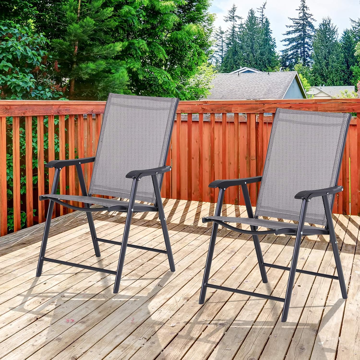 Set of 2 Patio Folding Chairs, Stackable Outdoor Sling Patio Dining Chairs with Armrests for Lawn, Camping, Dining, Beach, Metal Frame, No Assembly, Gray