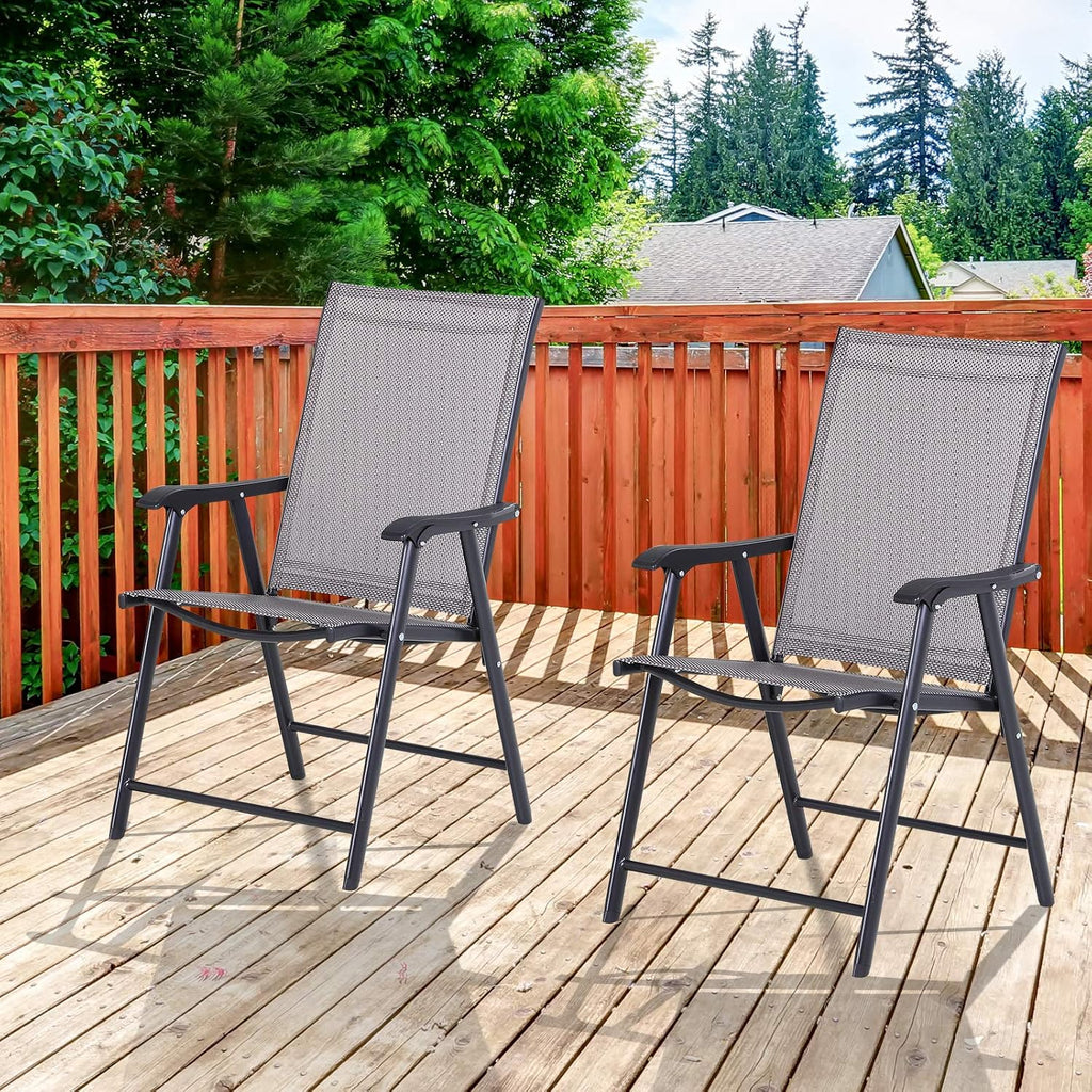 Set of 2 Patio Folding Chairs, Stackable Outdoor Sling Patio Dining Chairs with Armrests for Lawn, Camping, Dining, Beach, Metal Frame, No Assembly, Gray