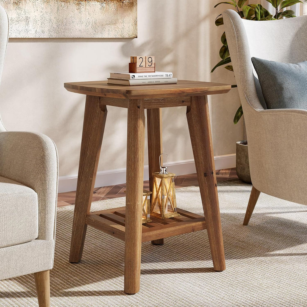 Square Side Table with 2-Tier Storage Shelf & Solid Wood Material, 19.68" Wood End Table for Living Room, Sofa Side, Small Spaces – Easy Assembly, Space-Saving Design