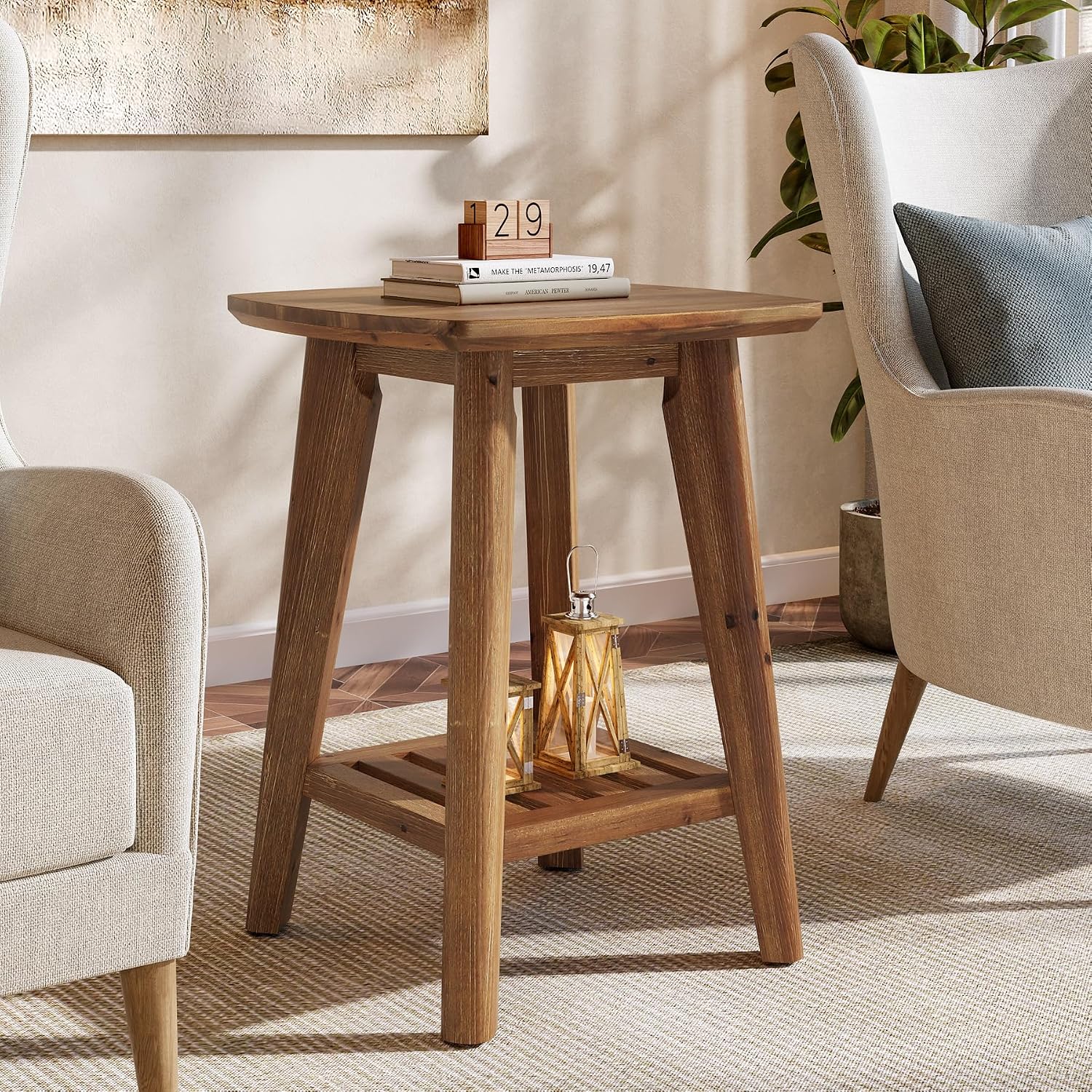 Square Side Table with 2-Tier Storage Shelf & Solid Wood Material, 19.68" Wood End Table for Living Room, Sofa Side, Small Spaces – Easy Assembly, Space-Saving Design
