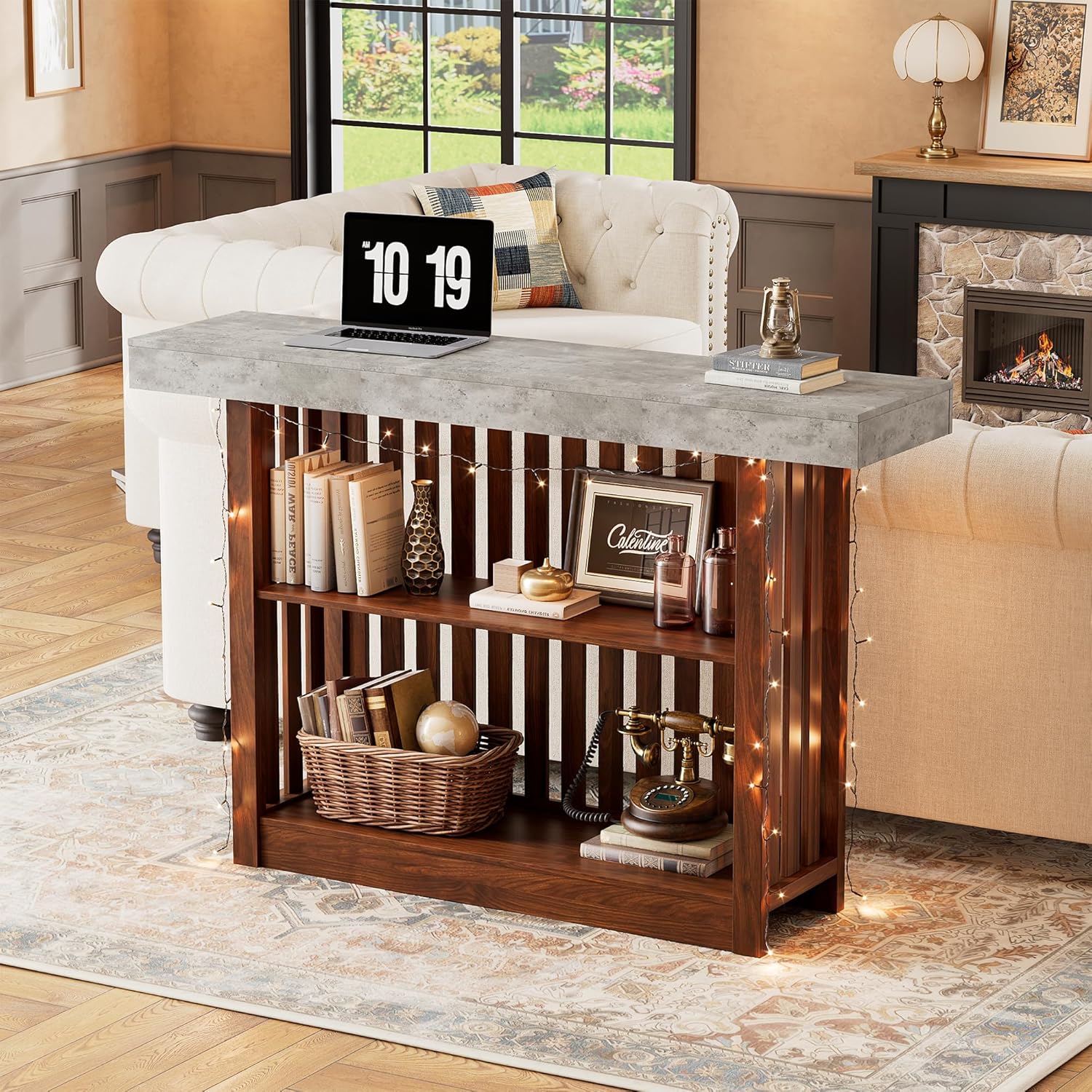 GarveeHome 63" Long Bar Table - Counter Bar Height Pub Table with 2 Tier Storage Shelves, Modern Coffee Breakfast Bar Unit for Dining Room, Bistro, Living Room, Gray + Walnut