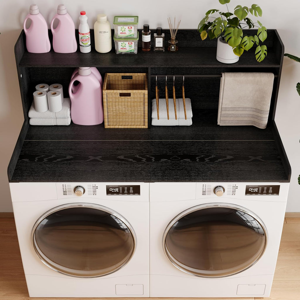 Unionly 2-Tier Washer Dryer Countertop with Clothes Rail，Laundry Topper with Edge and Non-Slip Pad for Washer and Dryer Laundry Hamper Counter Storage Organization (Black, Full)