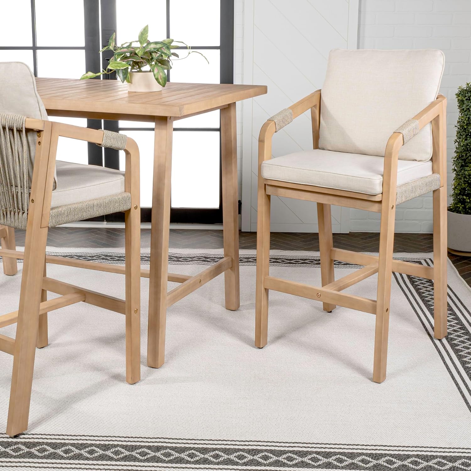 JONATHAN Y Porto Acacia Wood Outdoor Bar Stool Set of 2 for Patio and Kitchen Counter, Coastal Woven Rope Armchairs with Removable Cushions, Light Teak BSL1200A-SET2
