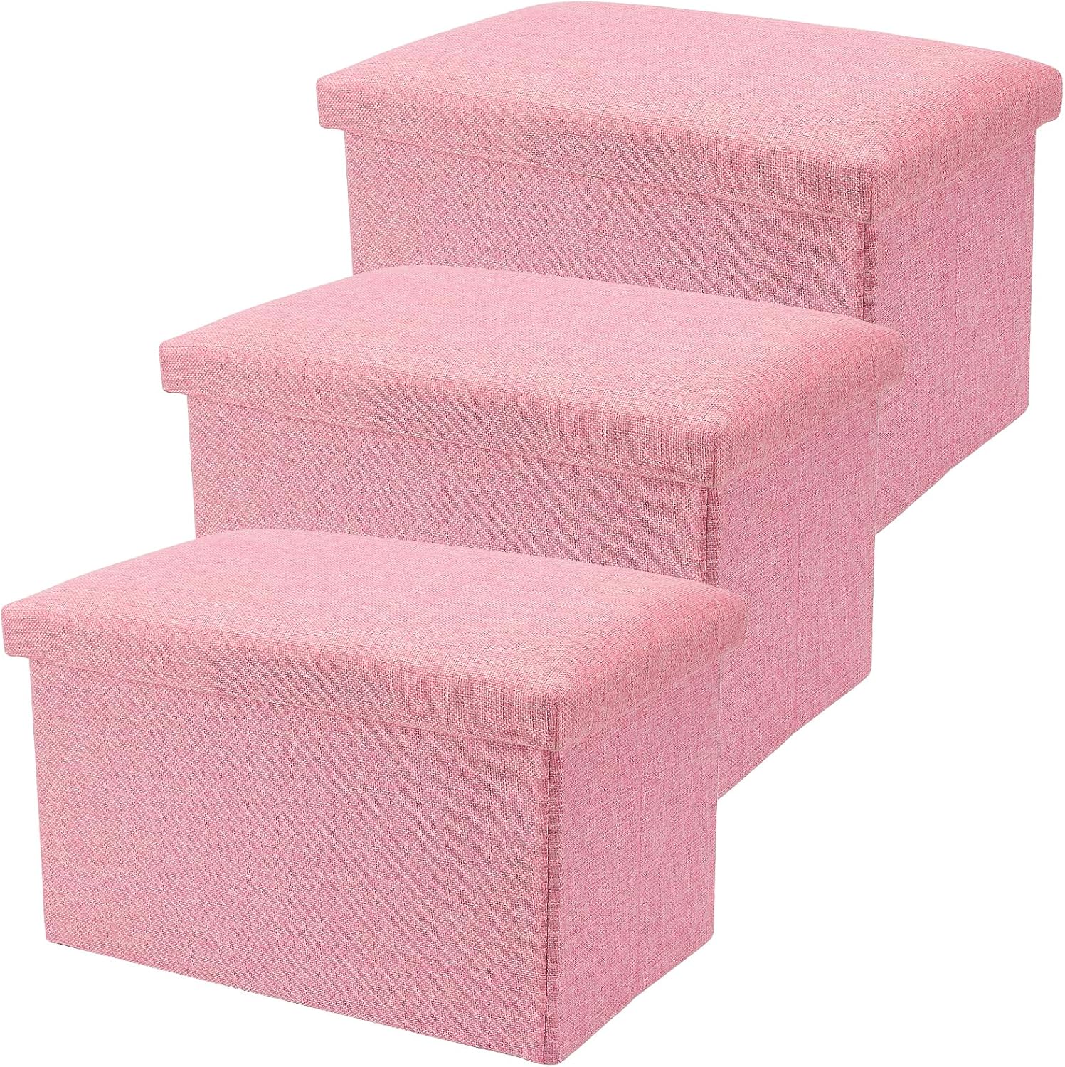 HOZEON 3 Pack 15.7 x 9.8 x 9.10 Inches Folding Storage Ottoman, Pink Rectangle Footrest Seat, Multifunctional Foot Stool for Living Room, Office, Traveling, Fishing, Camping
