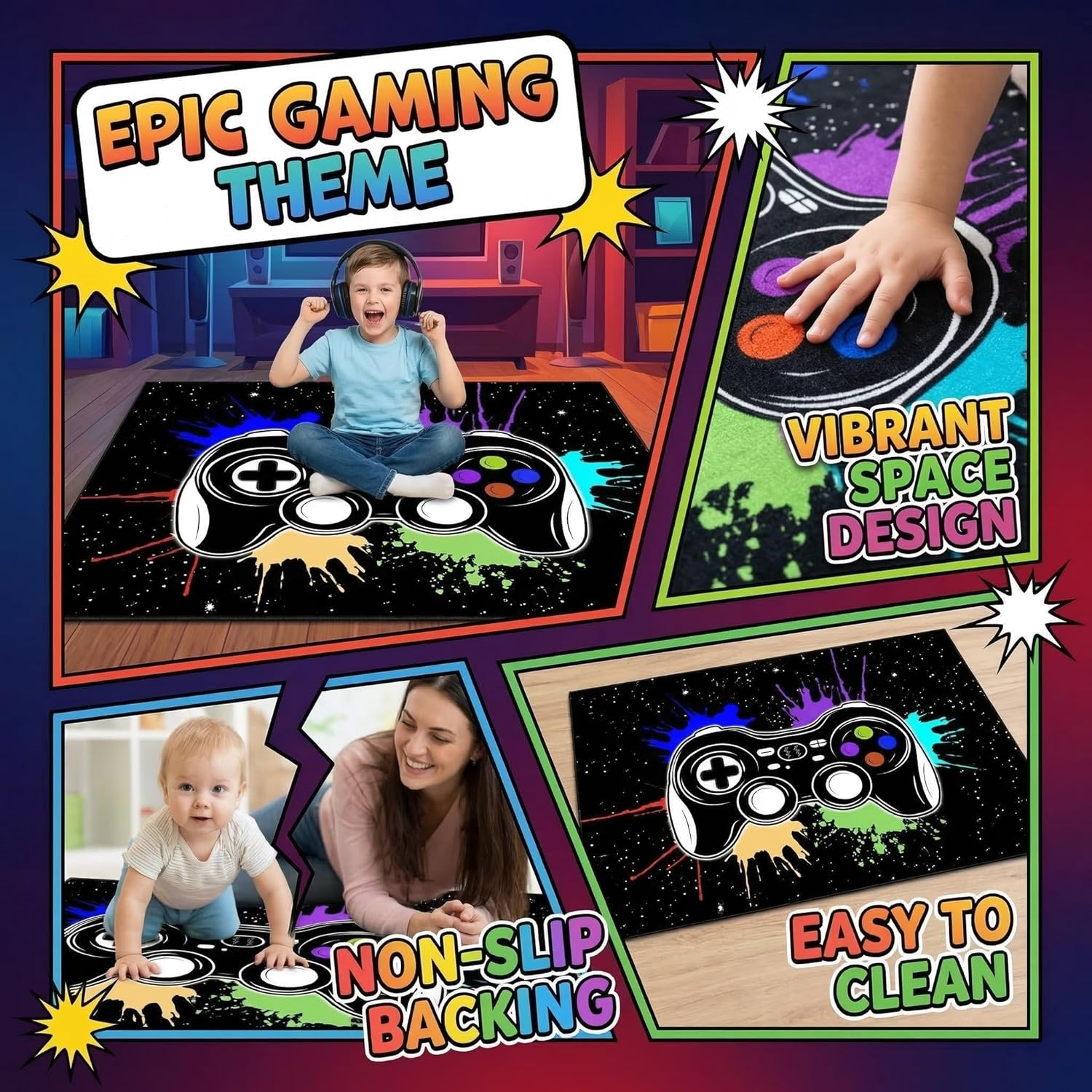 Gamer Rugs for Boys Bedroom Cartoon Painting Gaming Rug for Teens Cool Game Room Decor Gaming Carpet for Dining Living Room Playroom Floor Mats, 2'x3'