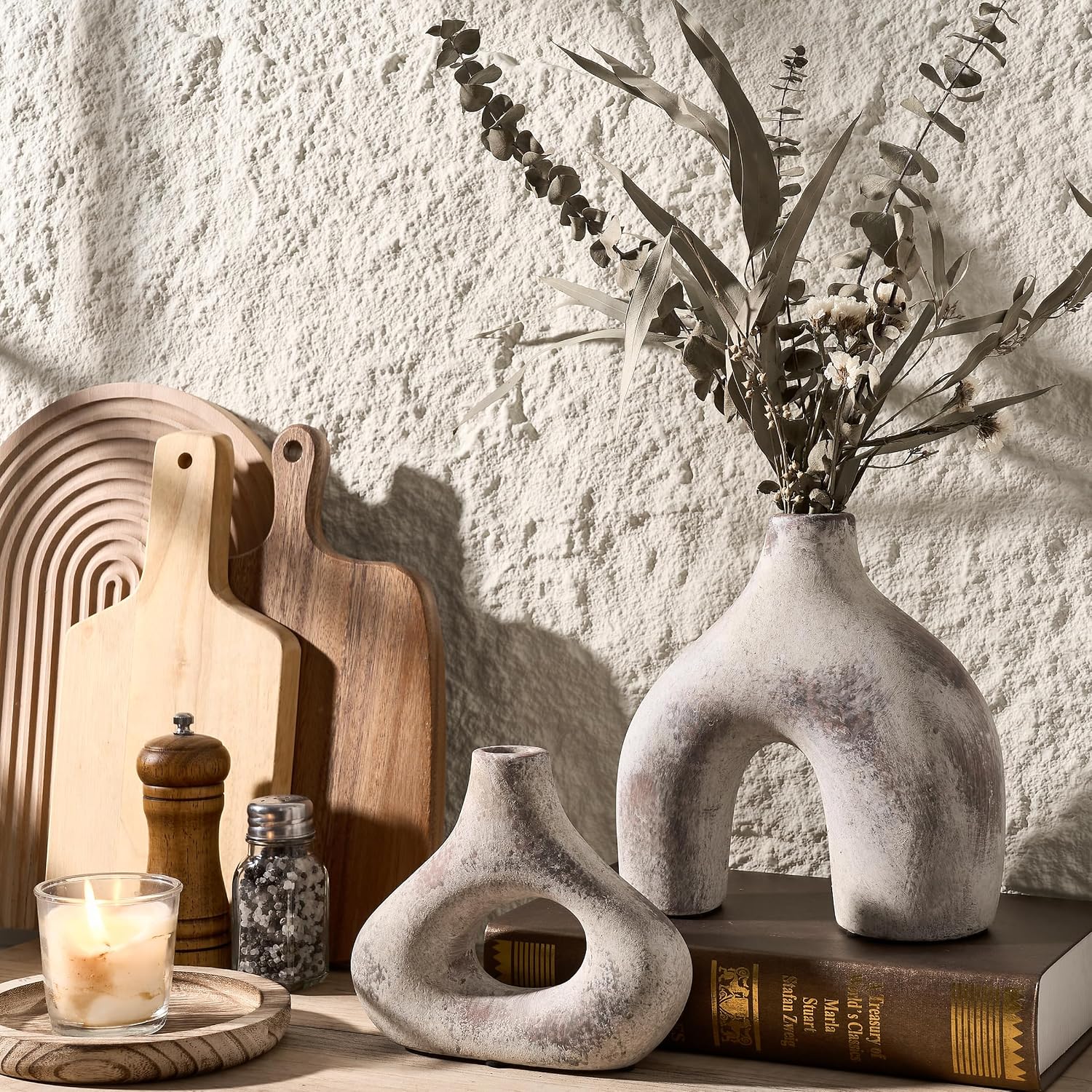 SIDUCAL Ceramic Vase Set of 2 for Minimalist Bohemian Decor | Irregular Hollow Donut Vases for Home Decor, Wedding, Living Room, Shelf, Office, Entryway, Mantel Decoration,Brown