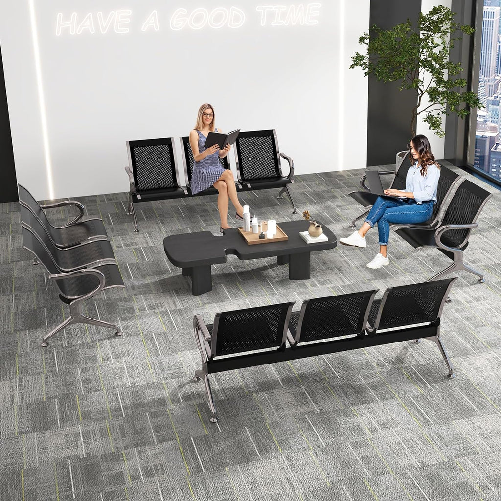 Kinfant Waiting Room Bench Set - Metal Office Guest Reception Seat Black Mesh Waiting Room Chairs with Armrest for Airport, Hospital, Bank, Salon, Barbershop, Hall(3-Seat, Set of 4)
