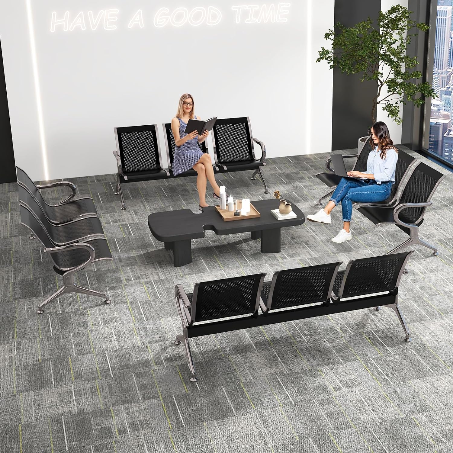 Kinfant Waiting Room Bench Set - Metal Office Guest Reception Seat Black Mesh Waiting Room Chairs with Armrest for Airport, Hospital, Bank, Salon, Barbershop, Hall(3-Seat, Set of 4)
