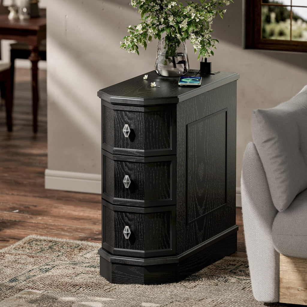 Nightstand with Charging Station, Vintage Wood End Table with 3 Drawer, Victoria Narrow Side Table, Slim Bedside Tables for Bedroom, Pre-Installation, Black