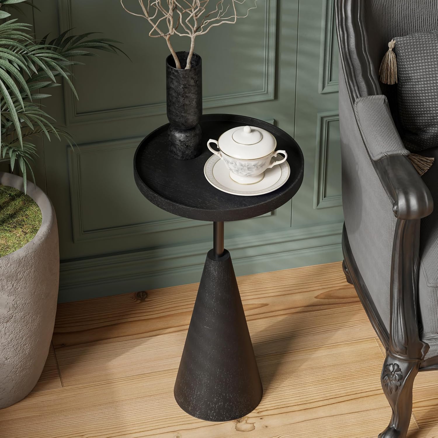 COZAYH Modern Round End Table with Raised Edge Tray Top, Wooden Pedestal Side Table with Rubber Wood Base for Living Room, Entryway, Office (Black)