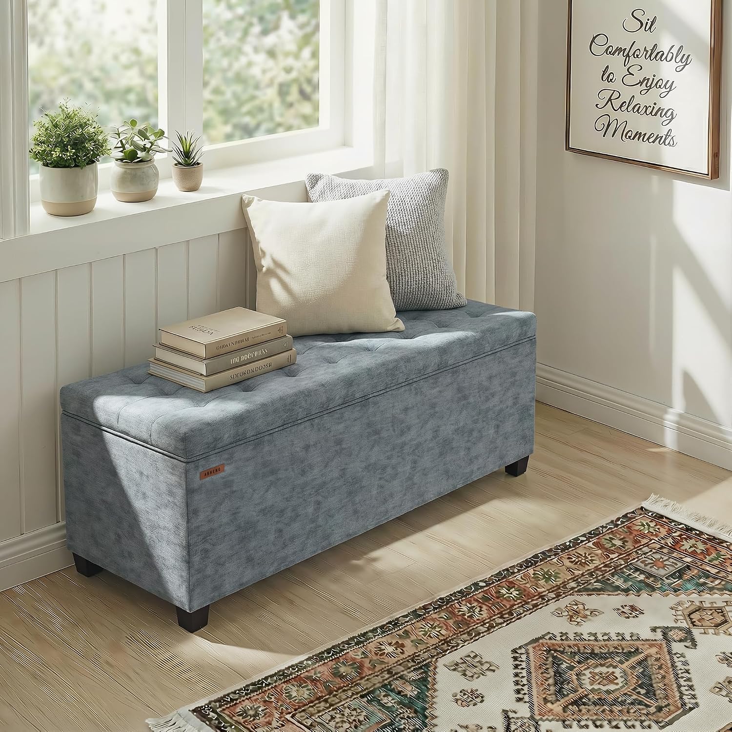 ABHENG Chenille Storage Ottoman Bench with Legs, 43.5”W x 15.7”D x 15.7”H,Metal Frame end of Bed Bench Hold up to 770 LB,Large Storage Chest,Gray UASND621G