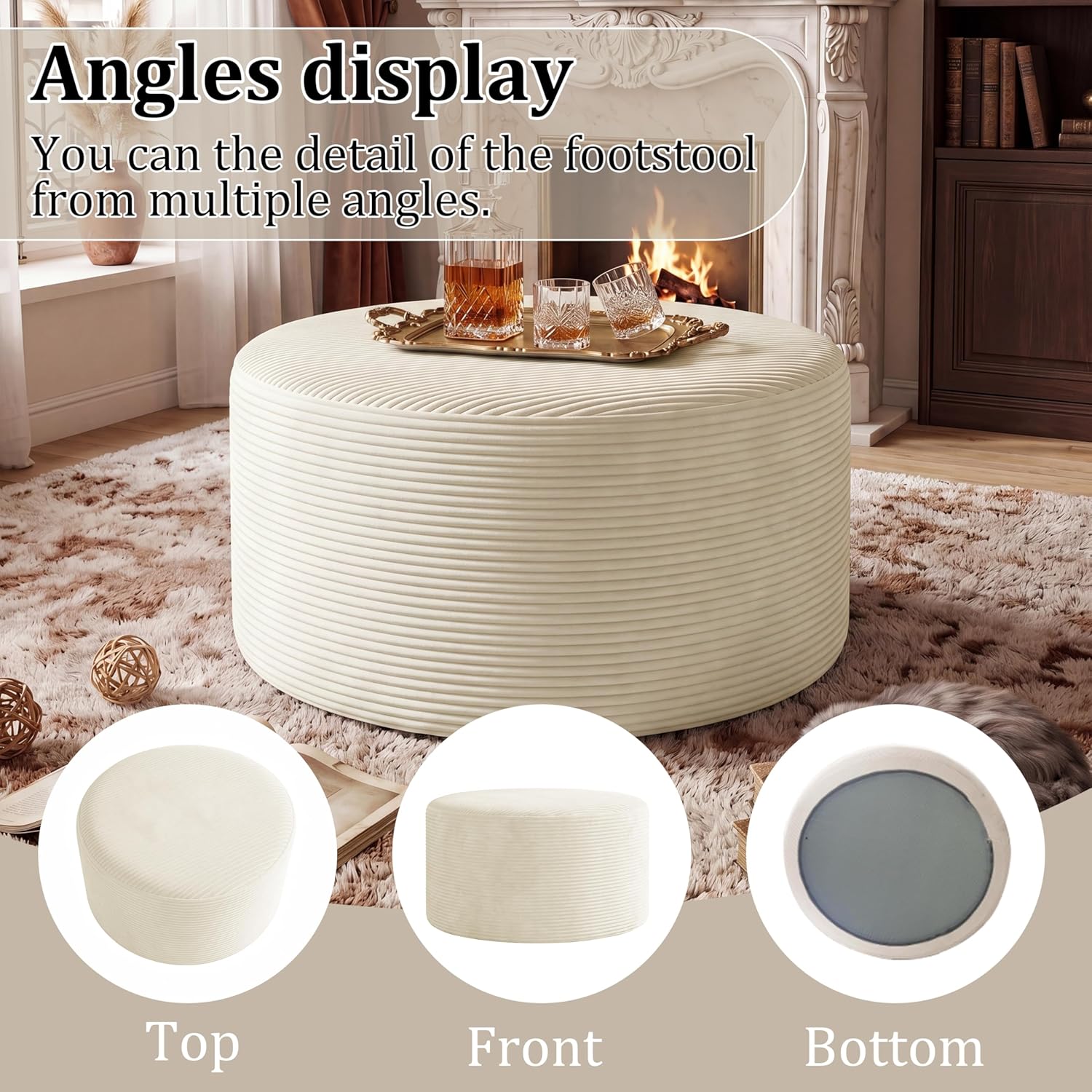 BSHOMGI Round Ottoman,Corduroy Ottomans Foot Stool, 27.5" Pouf Footstool Ottomans Seat, Round Footrest, Modern Side Table for Living Room Bedroom Home Decor No Assembly Require (Beige, 27.5")