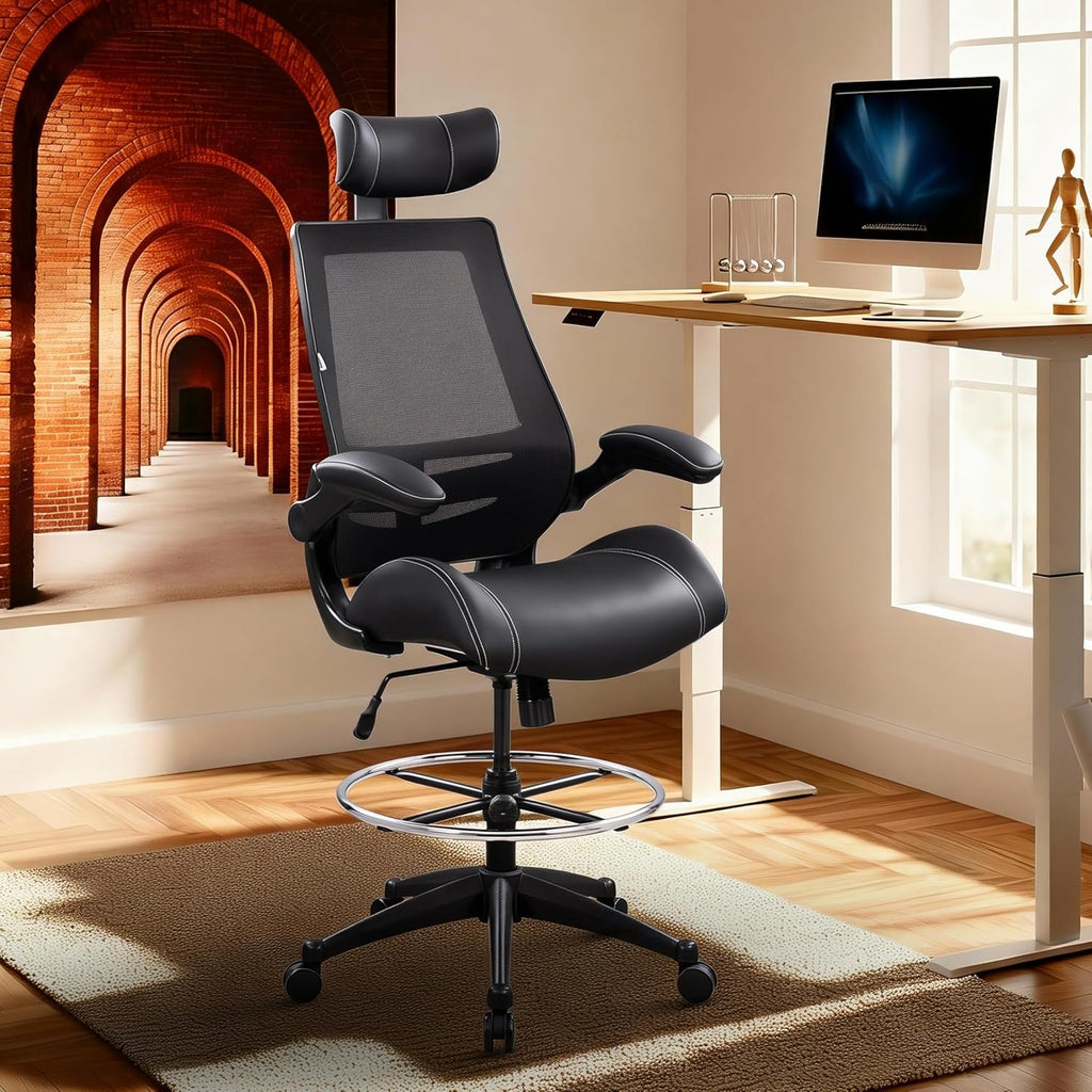 BOLISS Tall Ergonomic Office Chair, Sustainable Tech-Leather Drafting Chair with Adjustable Foot Ring, 90° Flip-Up Arms Space Saving Mesh Computer Desk Chair for Standing Desk Executive Work 8+ Hours