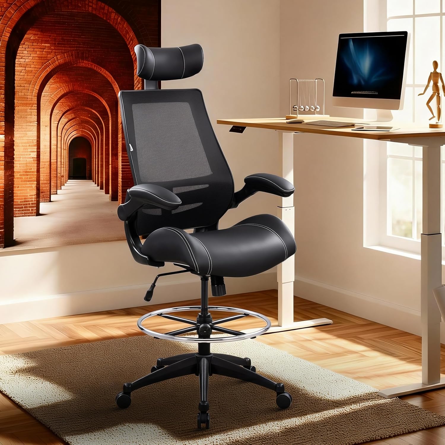 BOLISS Tall Ergonomic Office Chair, Sustainable Tech-Leather Drafting Chair with Adjustable Foot Ring, 90° Flip-Up Arms Space Saving Mesh Computer Desk Chair for Standing Desk Executive Work 8+ Hours