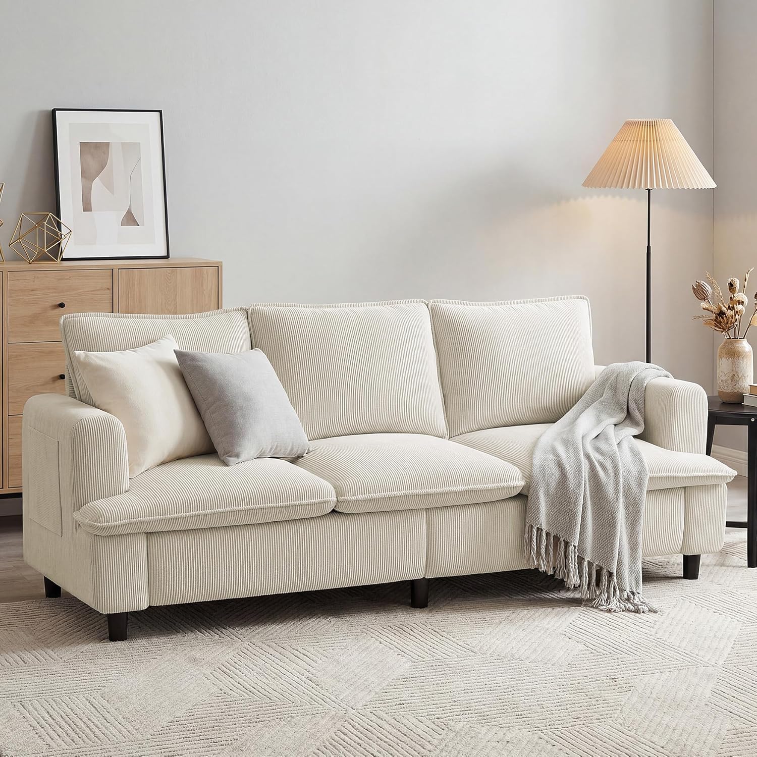 GRUSIGN 3 Seater Couch, 83" Comfy Corduroy Sofa with Deep Seat, Modern Sofa Couch for Living Room, Office, Bedroom, Apartment (Pillows not Included)