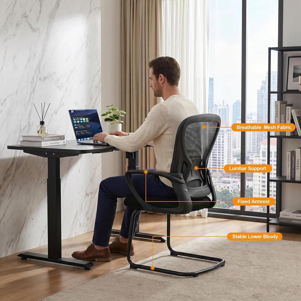 Office Desk Chair with Sled Base Set of 10,Mesh Conference Room Chairs No Wheels,Ergonomic Computer Chair with Lumbar Suppor,Office Guest Reception Waiting Room Chair,Black