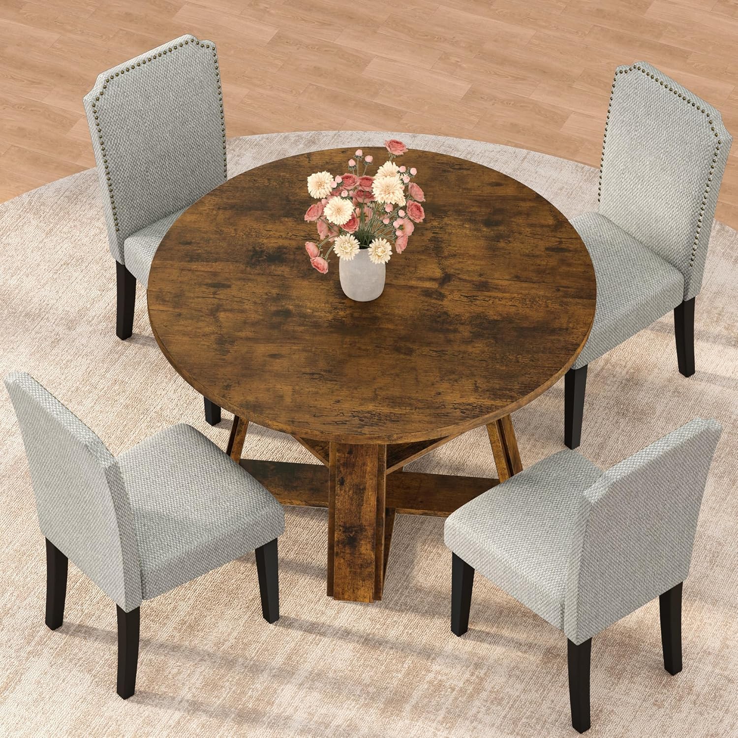 Garvee 43.3" Round Dining Table for 4-6 People, Circle Kitchen Table with Wooden Pedestal Base and Storage Shelf Space Saving Dining Room Table for Kitchen, Living Room, Apartment