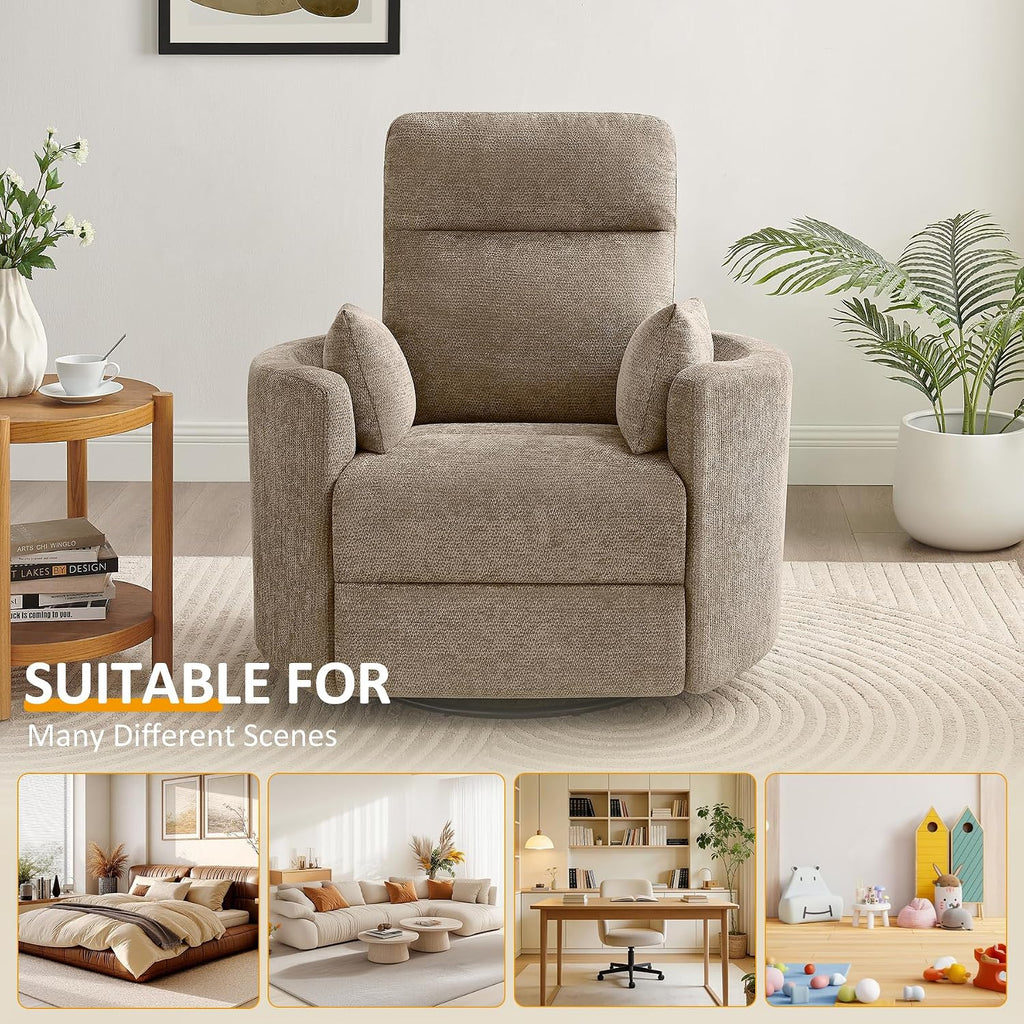Oversized Nursery Rocking Chair, 360° Swivel Glider Recliner Chair, Chenille Silent Nursery Chair with 2 Pillows and Footrest, Cozy Reclining Sofa for Living Room, Bedroom, Nursing, Camel