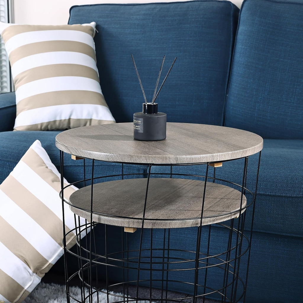 Elevon Nesting Table End Table Wire Basket Base with Wood Tops Side Table Set of 2, Gray
