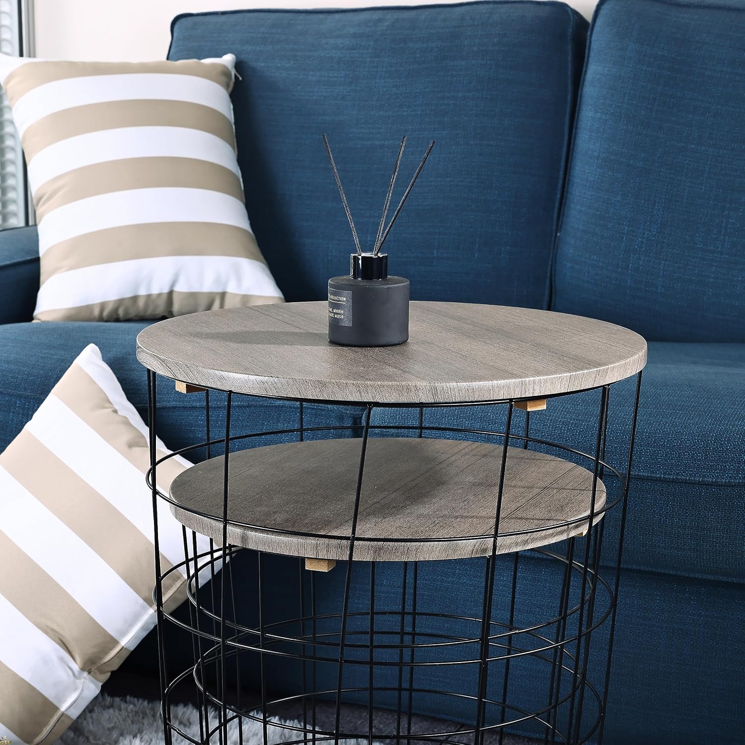 Elevon Nesting Table End Table Wire Basket Base with Wood Tops Side Table Set of 2, Gray
