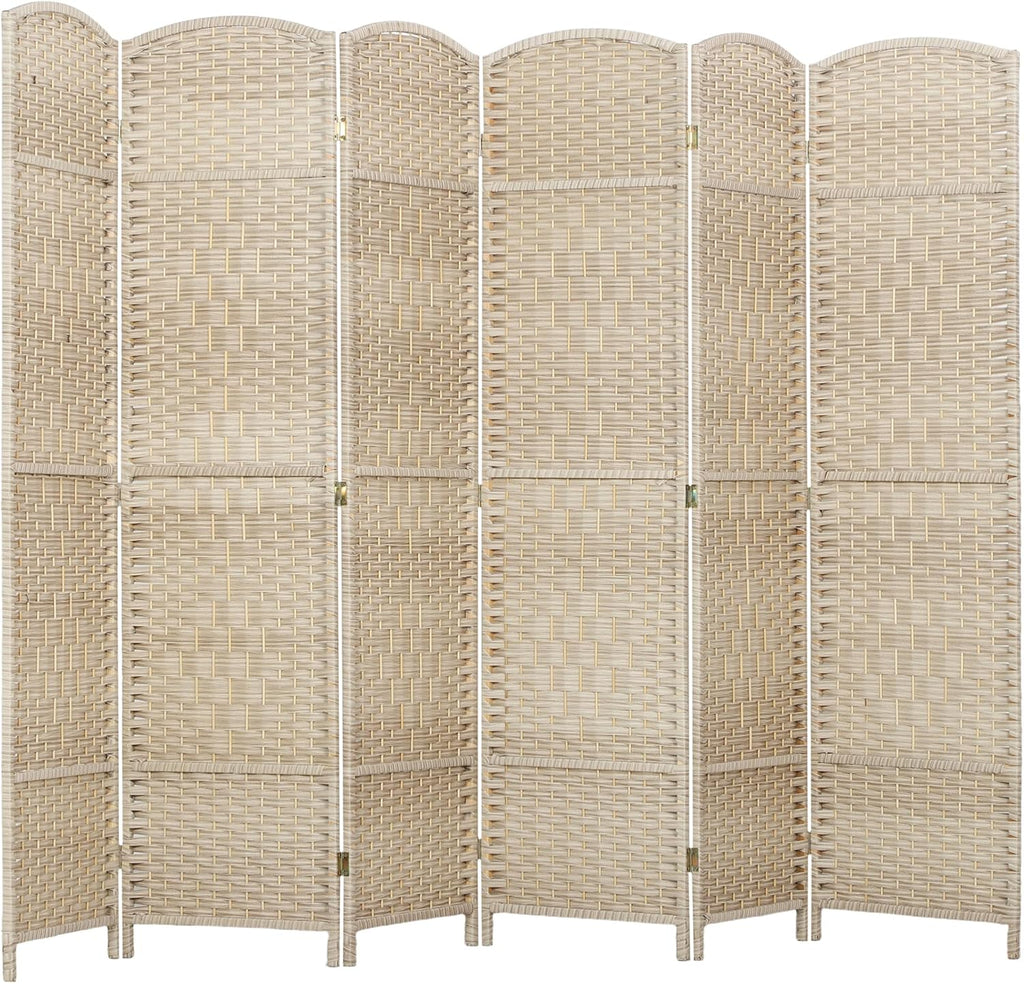 HOMCOM Room Divider, 6 Ft 6 Panel Folding Privacy Screen, Hand-Woven PP Wall Partition with Pine Wood Frame, Freestanding Room Separator for Bedroom, Home Office, No Assembly, Washed Oak