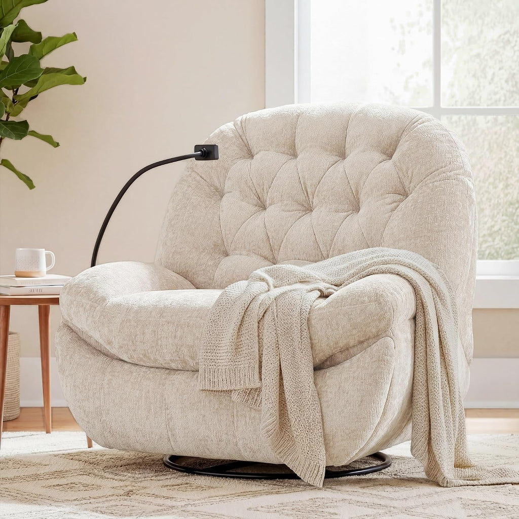 Swivel Rocker Recliner Chair,Oversized Swivel Rocking Sofa | Large Glider Recliner with Phone Holder for Living Room,Chenille,Cream Beige