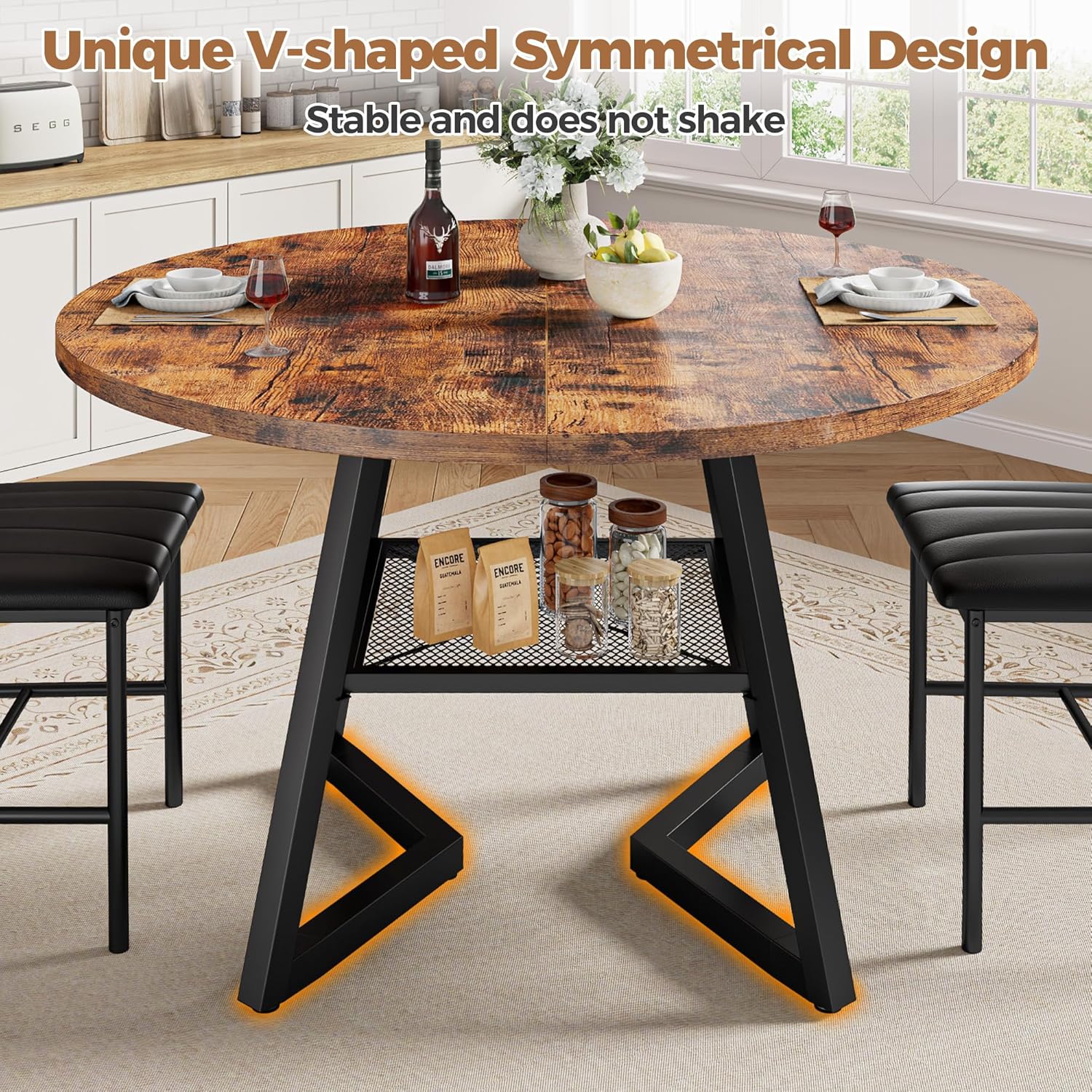 IRONCK 47.2" Round Dining Table for 4, Industrial Kitchen Table with Large Storage Shelf, Space Saving Wood Circle Dinner Table for Kitchen & Dining Room, Vintage